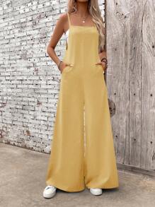 SHEIN LUNE Women's Solid Color Pocket Casual Wide Leg Jumpsuit - Yellow - View 3