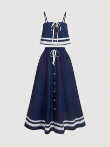 SHEIN MOD Women's Daily Two-Piece Suits, Heart-Shaped Skirts, Preppy Back Two-Piece Suits, Casual Two-Piece Suits, Navy Blue Two-Piece Suits, Sporty Two-Piece Suits, Cute Two-Piece Suits