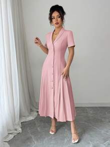 SHEIN Elenzya 女士优雅正式长裙，法式领，纽扣设计，收腰，箱形褶皱，短袖，适合通勤、商务、休闲装，春夏季 - 粉色 - 查看 4
