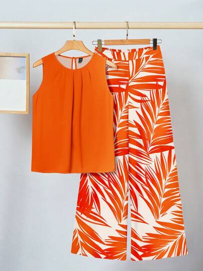 SHEIN Clasi 2pcs/Set Women Orange Printed Pattern Vacation Outfit, Suitable For Summer Summer Outfits For Women Vacation Outfits Woman Classy Outfits For Women Beach Outfits For Woman Summer Outfits For Women Island Vacation Outfits