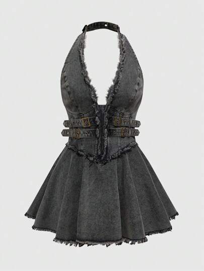 Grunge Punk Y2K Style Frayed Distressed Color Cold Shoulder Halter Flared Hem Short Denim Dress For Women