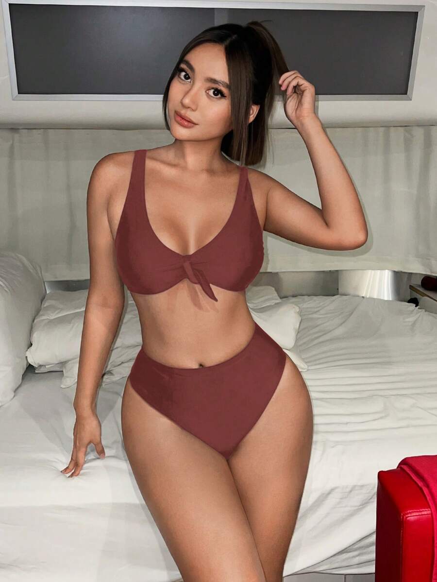 Swim Mod Vacation Beach Solid Color Tankini Swimsuit Set For Summer - Brown - View 1