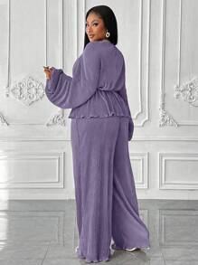 Maweii 2pcs Plus Size Solid Color Lantern Sleeve Top & Long Pants Set - Purple - View 2