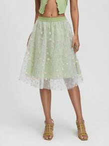 SHEIN MOD Jupe mi-longue en maille verte brodée pour femme, jupe d'été - Vert - Voir 5