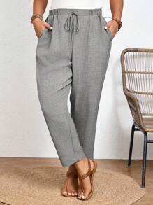 SHEIN Frenchy Plus Size Solid Color Casual Trousers With Elastic Waist And Diagonal Pockets,Summer Pants - Grey - View 5