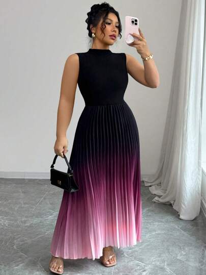 Elenzga Sleeveless Stand Collar Gathered Gradient Floral Print Plus Size Women Maxi Dress Summer Women Clothes  Curve Plus   Vacation Women Clothes   Shein Curve