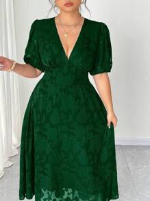 Elenzga Plus Size Women V-Neck Short Puff Sleeve Textured Elegant A-Line Dress, Summer - Green - View 2