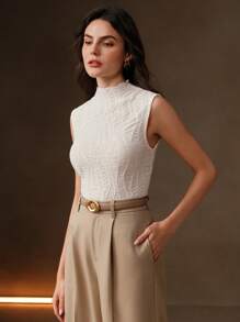Anewsta Parte superior ajustada de mujer sin mangas con cuello de volantes de tela texturizada de unicolor