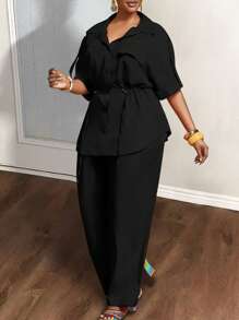 Slaydiva Bộ 2 món áo sơ mi và quần dài thanh lịch đi làm hàng ngày cỡ lớn cho nữ - màu đen - Xem 1