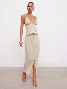 Hauture Women's Simple Casual Belted Split Hem Skirt, Summer - Khaki - View 5