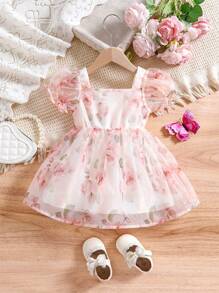 SHEIN Baby Girls Rose Print Organza Puffed Sleeve Dress, Summer Girl Clothes Dress Baby Girl Clothes Girl Summer Dress Baby Girl High Quality Clothing Baby Girl Clothes Dress Baby Girl Clothes Dress Elegant Dresses For Baby Girl Dresses For S Dress Fashion Elegant Baby Girl - Multicolor - View 5