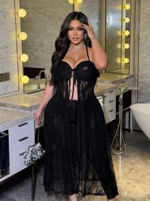 Flirla Plus Size Przezroczysty Kardigan Z Wycięciami Na Ramionach, Odsłonięte Plecy, Wiązanie przy Szyi I Falbaniasty Obszycie, Seksowny Top Damski - Czarne - Zobacz 4
