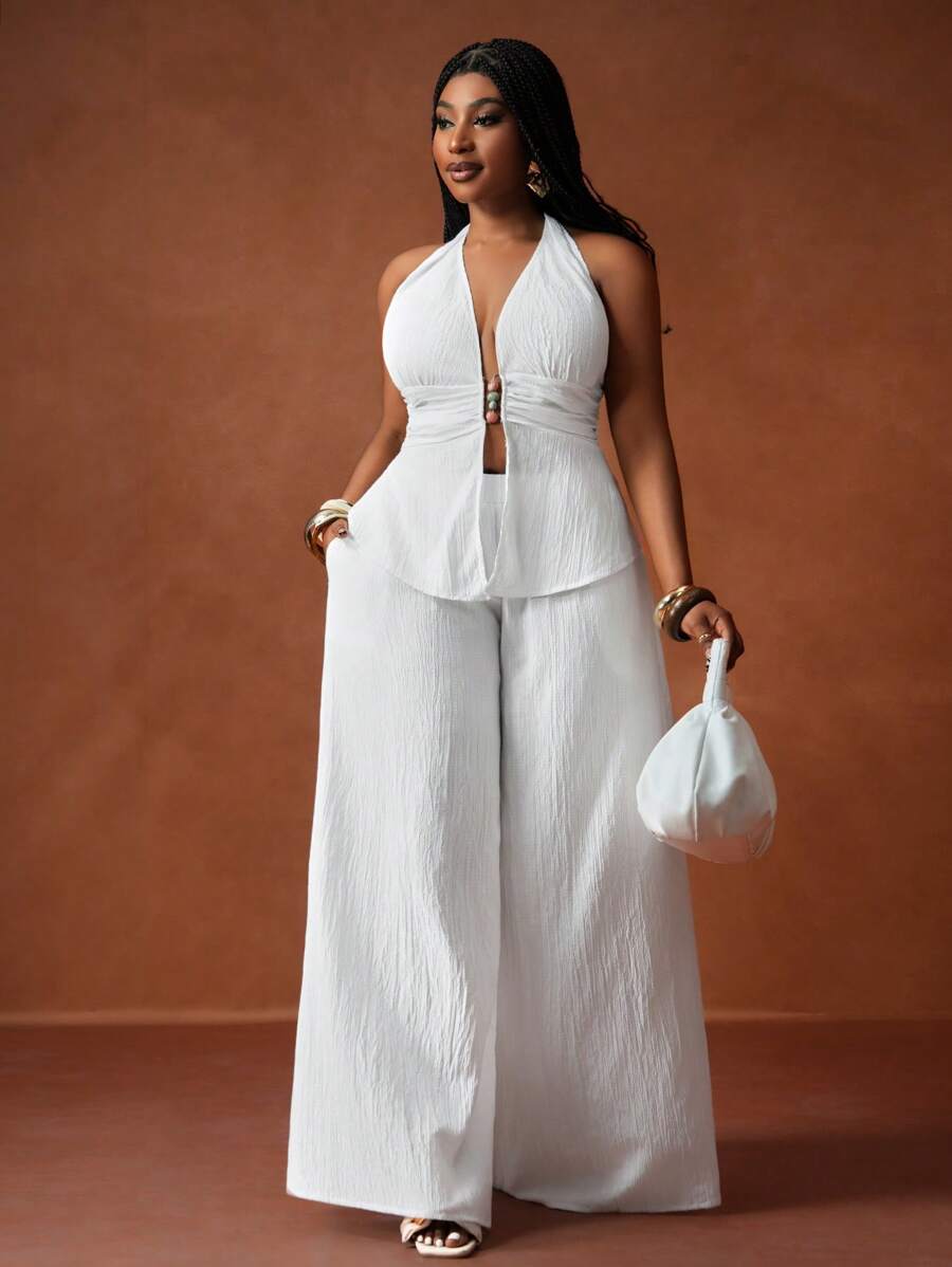 Veslaya New Backless Textured Crop Top And Wide Leg Pants Set, Sexy Party/Back To School Look, Plus Size, All White Party Outfit - White - View 1