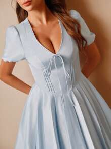 SHEIN Unity Summer Elegant Solid Color Pleated Hem Dress - Baby Blue - View 2