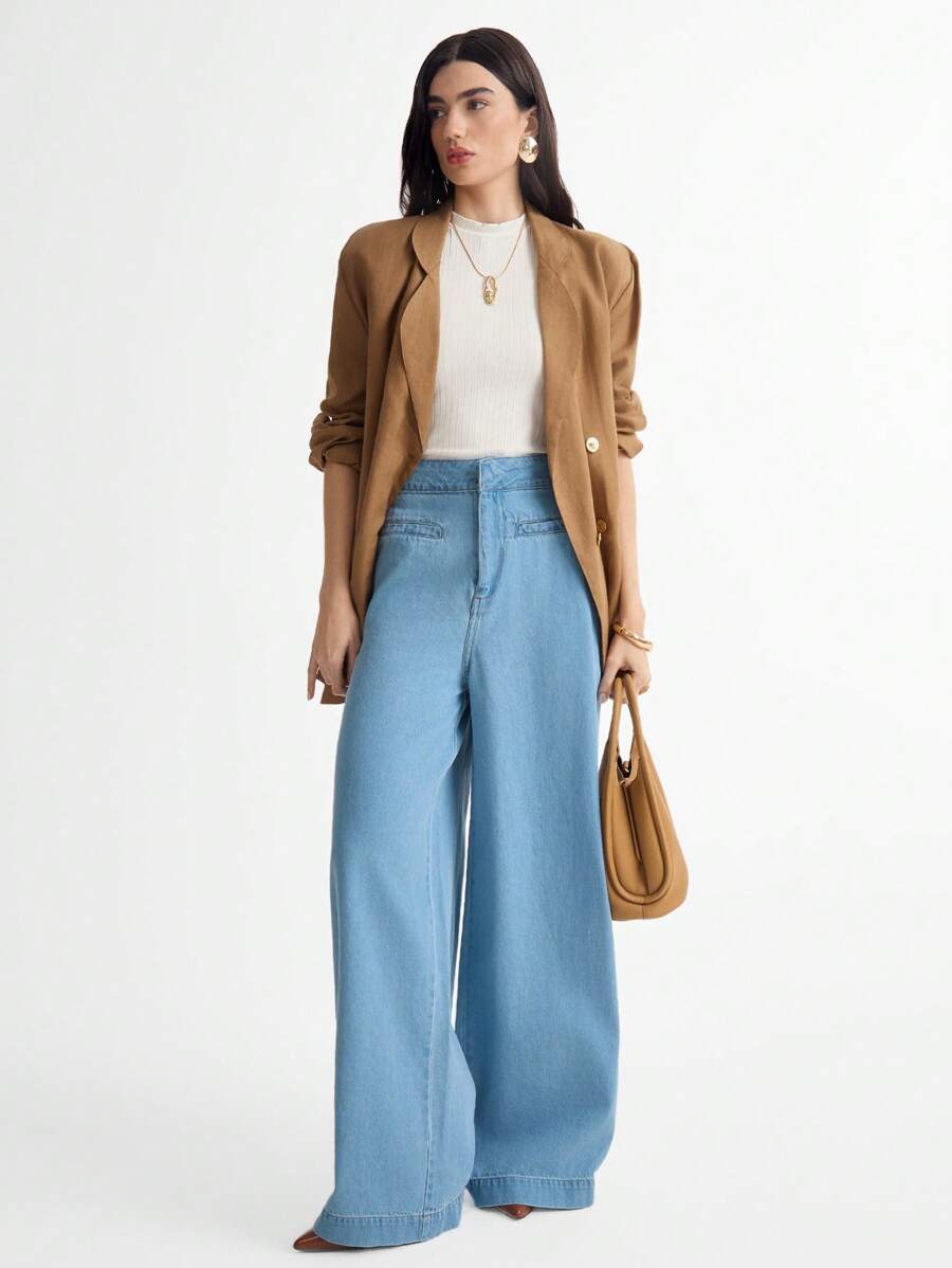 Daynim 水洗拉链阔腿牛仔裤 - 淺色水洗藍 - 查看 1