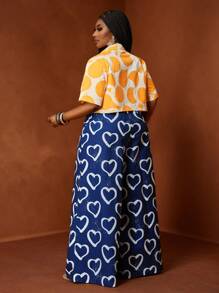 Slaydiva 2025 Spring & Summer Women 2pcs Set Linen Pants & Shirt, Wide Leg Geometric Retro Print Loose Woven Pants + Blouse Suits, Plus SizeSummer Outfits For Women