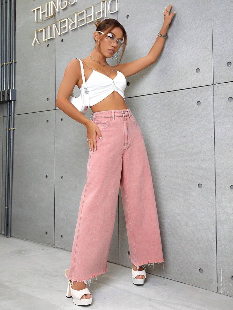 Raw Hem Wide Leg Jeans - Pink - View 1