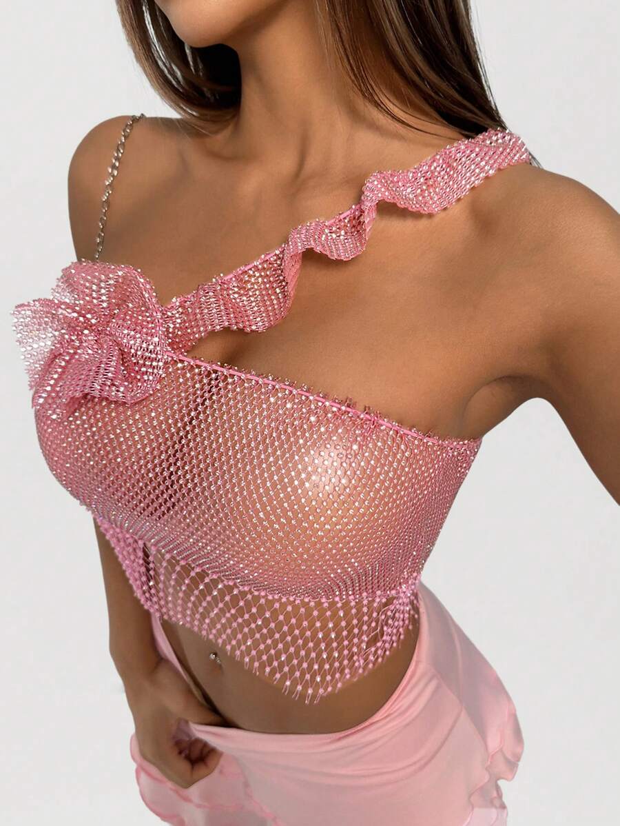 EgrlEra Women's Sexy Rhinestone Fishnet Blouse, Asymmetrical Design, Suitable For Daily Dates, Bar Parties - Pink - View 1