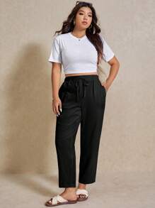 Elaquor 大码纯色时尚裤子，适合夏季 - 黑色 - 查看 3