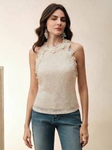 Anewsta 女士优雅3D花卉装饰插肩袖杏色性感修身圆领纹理蕾丝衬衫