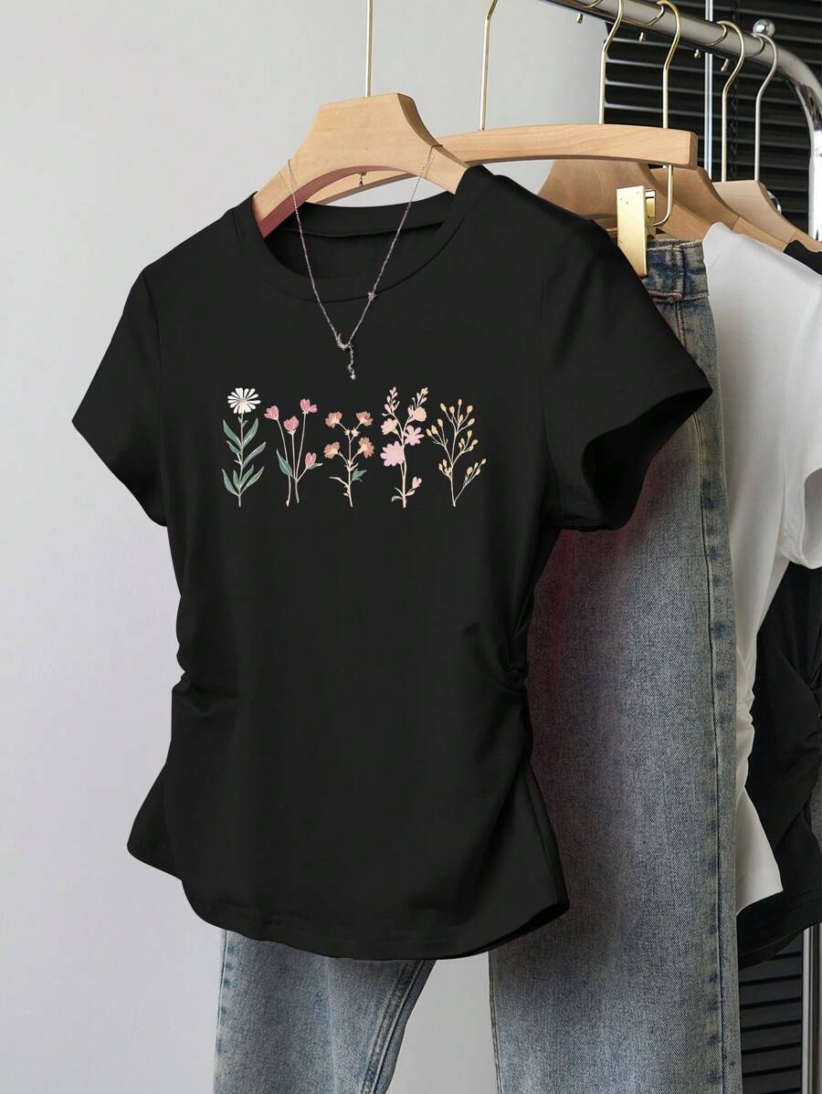 INAWLY تيشيرت نسائي بياقة مستديرة وأكمام قصيرة، موضة الصيف