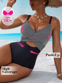 Swim DD+ Plus Size Women's Summer Holiday Beach Striped Hollow-Out One-Piece Swimsuit - Black and White - View 3