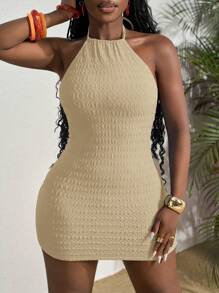 Slaydiva 春夏新款休闲度假优雅日常约会挂脖吊带大露背纹理蓝色面料修身短裙女迷你连衣裙-B - 卡其色 - 查看 7