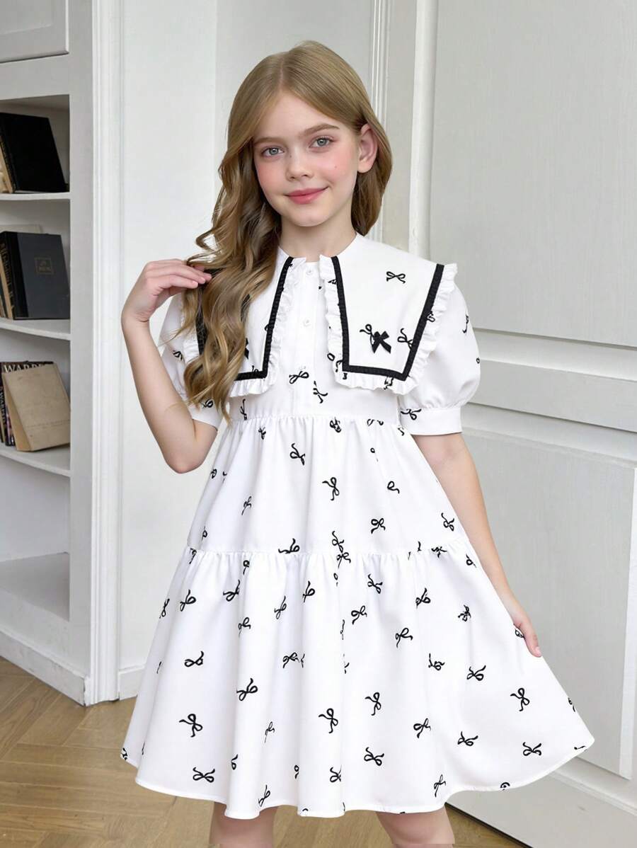 SHEIN Leap Crew Tween Mädchen Casual Pendler Polokragen Kurzarm Schleife bedrucktes Kleid - Weiss - Übersicht 1