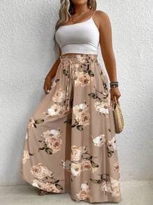 SHEIN Tall Pantalones anchos y holgados con estampado floral y cordón en la cintura, adecuados para vacaciones, tallas grandes para mujeres