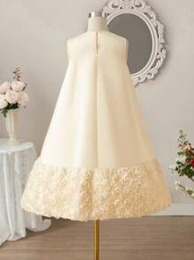 Tween Girl 3D Flower Patchwork Big Bow Decor Round Neck Sleeveless A-Line Dress