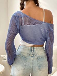 Jouncy 女士蓝色系带短款薄针织开衫，长袖