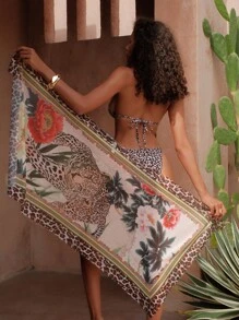 SHEIN Swim 3pcs Women Leopard Print V-Neck Halter Tied Top & Triangular Brief & Mesh Skirt Sexy Swimsuit Set - Multicolor - View 2