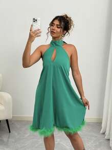 Elenzga 加大码毛领高端个性化宽松露肩短款派对礼服，优雅生日鸡尾酒礼服