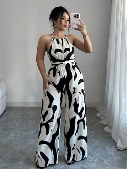 SHEIN PETITE CURVE Combinaison imprimée avec taille haute pour femmes grandes tailles, élégante pour les vacances et le port quotidien