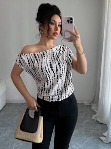Elenzga Top asimmetrico con maniche a pipistrello, spalle inclinate, con stampa all-over, adatto per appuntamenti, lavoro, vacanze, festività, abbigliamento casual, stile boho per l'estate