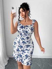 Elenzga Plus Size Women Floral Print Color Block Ruched Cap Sleeve Frill Hem Tie Front Mini Dress For Spring And Summer Women Short Dresses Summer Women Birthday Outfit Women Clothes - White - View 3