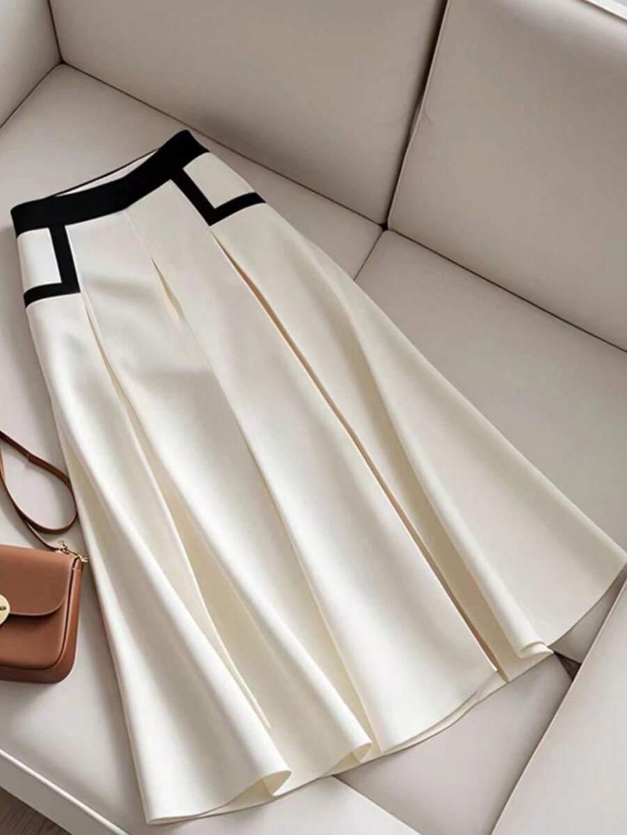 Franclia 女士春季撞色拉链侧褶裙 - 杏色 - 查看 1