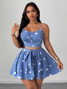 SHEIN Unity 大码女式心形印花吊带背心和系带腰摆中长裙两件套，优雅设计，适合海滩、派对、节日、春夏季 - 藍白色 - 查看 5