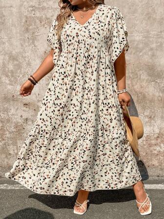 SHEIN CURVE+ 大码女式优雅碎花宽松荷叶边袖 V 领拼接长裙