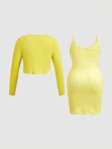 SHEIN EZwear Bộ 2 chiếc váy yếm hoa hở vai cỡ lớn cho nữ và áo crop top màu trơn - Màu vàng - Xem 8