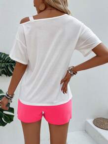 SHEIN LUNE Bộ 2 món áo cổ bất đối xứng in chữ cây dừa và quần short đi nghỉ mát cho nữ - Nhiều màu - Xem 2