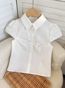 SHEIN Chaqueta corta ajustada con manga corta, cuello y botones para niña preadolescente, estilo universitario, color blanco