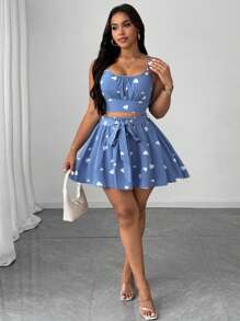 SHEIN Unity 大码女式心形印花吊带背心和系带腰摆中长裙两件套，优雅设计，适合海滩、派对、节日、春夏季 - 藍白色 - 查看 6