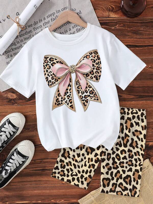 SHEIN GraphicGems 2pcs Tween Girls Leopard Print, Butterfly & Floral Pattern Casual Round Neck Short Sleeve T-Shirt & Leopard Print Fitted Shorts Set, Comfortable Loungewear & Outerwear For Summer