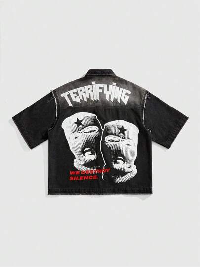 Street Life Men's Boxy Fit Printed Denim Shirt, Short Sleeve