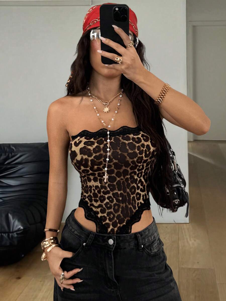 Coolane Women's Summer Streetwear Vintage Y2K Beach Outfits Music Festival Leopard Lace Tube Bodysuit