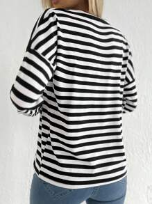 EURMUSE Drop Shoulder T-Shirt mit Streifen Muster, Herz Stickerei - Schwarz und Weiss - Übersicht 2