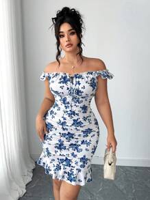 Elenzga Plus Size Women Floral Print Color Block Ruched Cap Sleeve Frill Hem Tie Front Mini Dress For Spring And Summer Women Short Dresses Summer Women Birthday Outfit Women Clothes - White - View 6