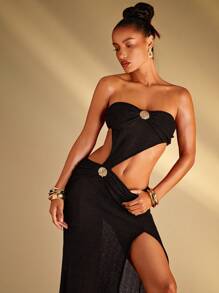 Hauture Sexy Vacation Crochet Cut Out Ruched Detail High Slit Maxi Dress With Flower Ornament - Black - View 6
