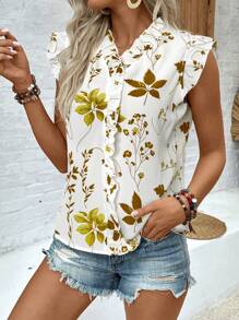 SHEIN LUNE Women's Vacation Floral Print Ruffled Trim Cap Sleeve Blouse - Yellow - View 4